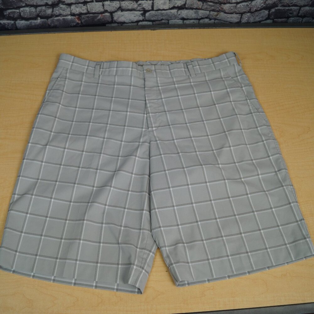 Nike Golf Performance Dri Fit Shorts Stretch Gray White Check Flat Front Mens 38